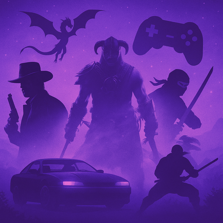 Arte roxa com silhuetas de personagens inspirados em games de ação, RPG e mundo aberto, representando o tema “A Temporada de Ouro dos Games”.