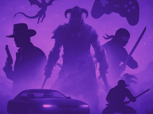 Arte roxa com silhuetas de personagens inspirados em games de ação, RPG e mundo aberto, representando o tema “A Temporada de Ouro dos Games”.