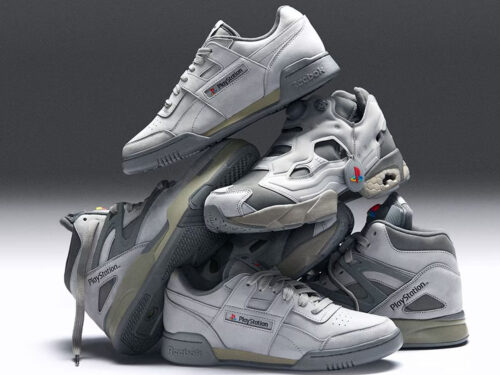 Tênis da coleção Reebok x PlayStation inspirados no design original do console PS1, em tons de cinza e com o logotipo clássico da Sony