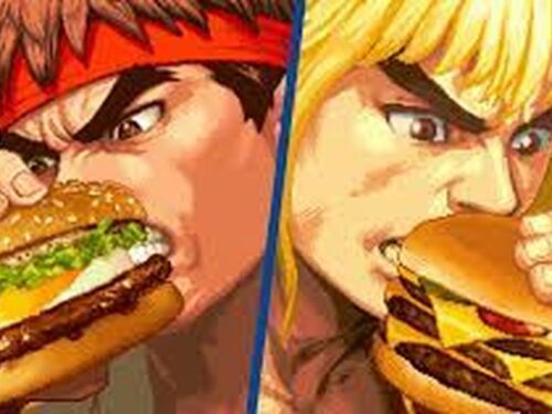 Ryu e Ken, de Street Fighter, comendo hambúrgueres da campanha Street Burgers do McDonald’s Japão