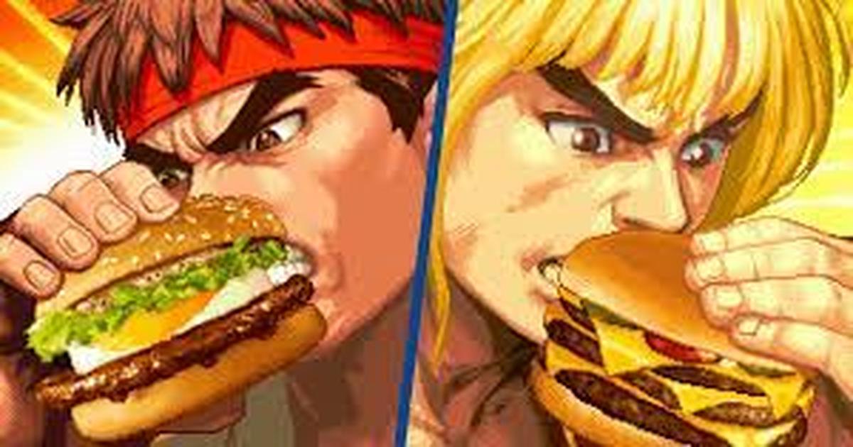 Ryu e Ken, de Street Fighter, comendo hambúrgueres da campanha Street Burgers do McDonald’s Japão