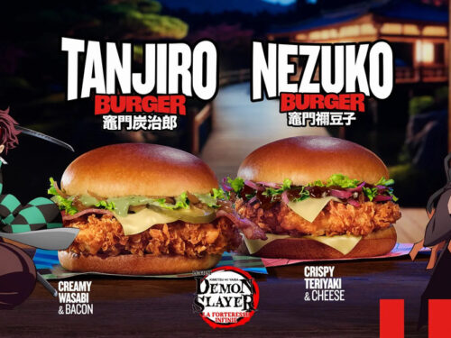 Imagem promocional da collab entre KFC e Demon Slayer, mostrando os hambúrgueres Tanjiro Burger e Nezuko Burger lançados na França