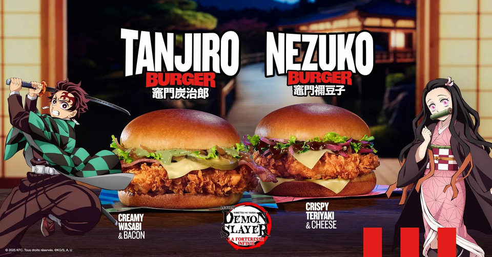 Imagem promocional da collab entre KFC e Demon Slayer, mostrando os hambúrgueres Tanjiro Burger e Nezuko Burger lançados na França