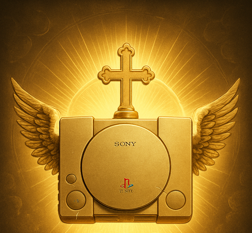 PlayStation dourado com asas e luz ao redor, simbolizando o possível reconhecimento do console de Carlo Acutis como relíquia pela Igreja Católica.