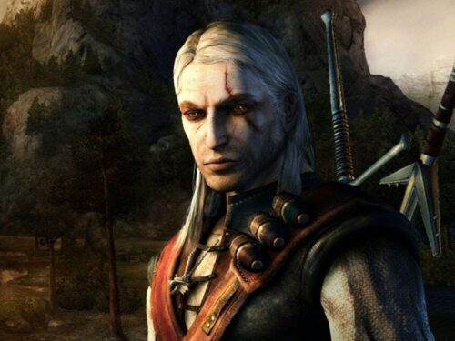 Geralt de Rívia em The Witcher 1, com espadas nas costas e expressão séria, em frente a uma paisagem medieval