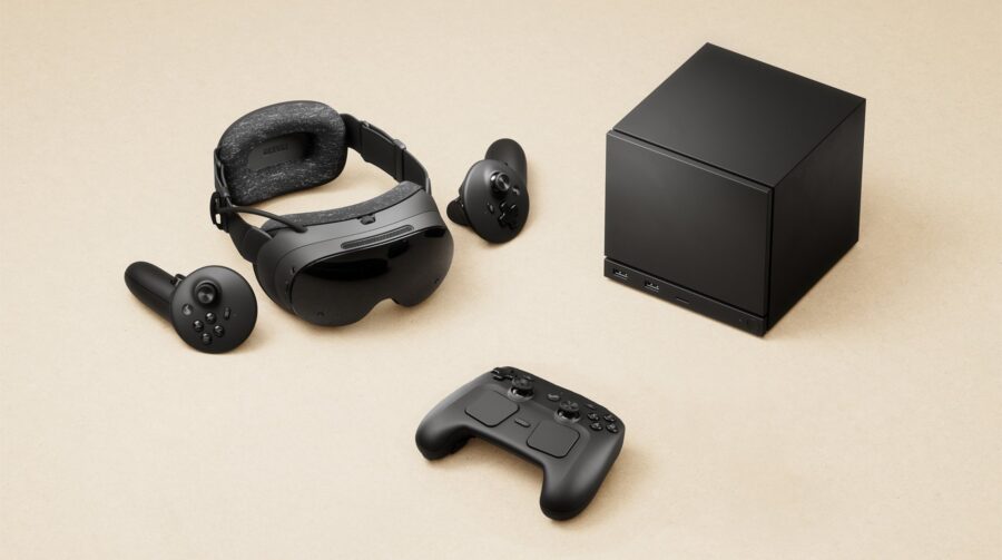 Nova Steam Machine da Valve ao lado do Steam Controller e headset VR, revelada