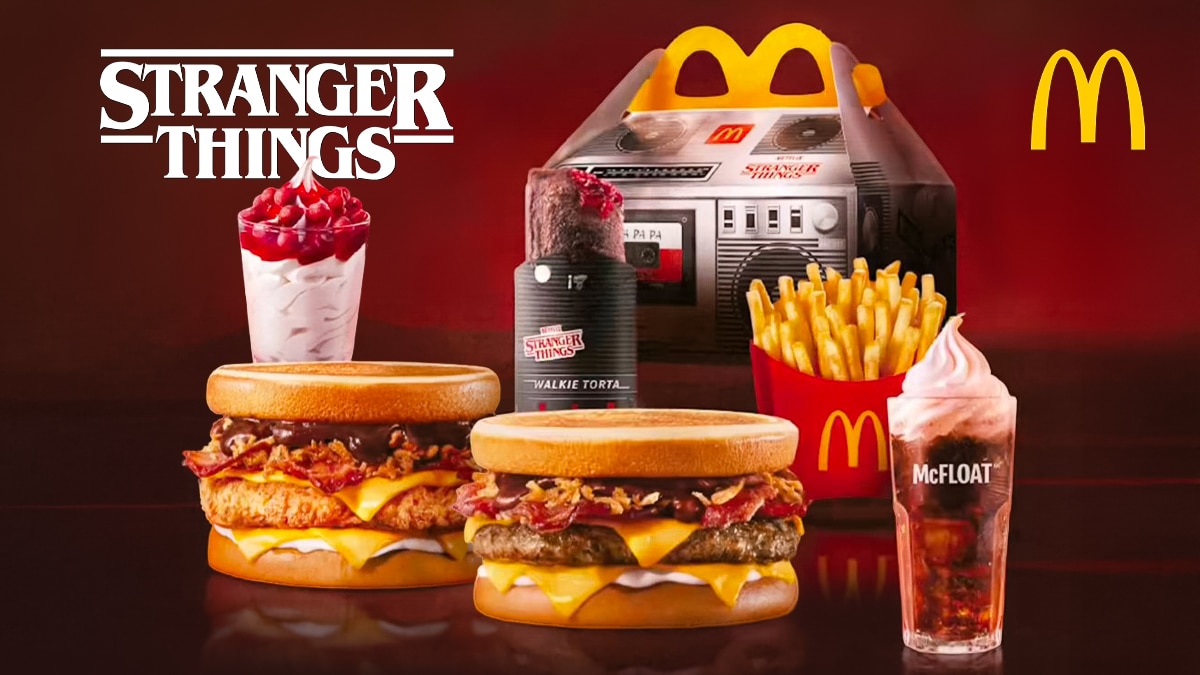Combo especial do McDonald’s inspirado em Stranger Things, com lanches temáticos, batatas, sobremesas e embalagem estilizada do Mundo Invertido.
