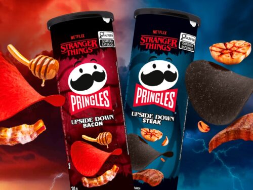 Latas colecionáveis da collab Pringles e Stranger Things com sabores Upside Down Bacon e Upside Down Steak
