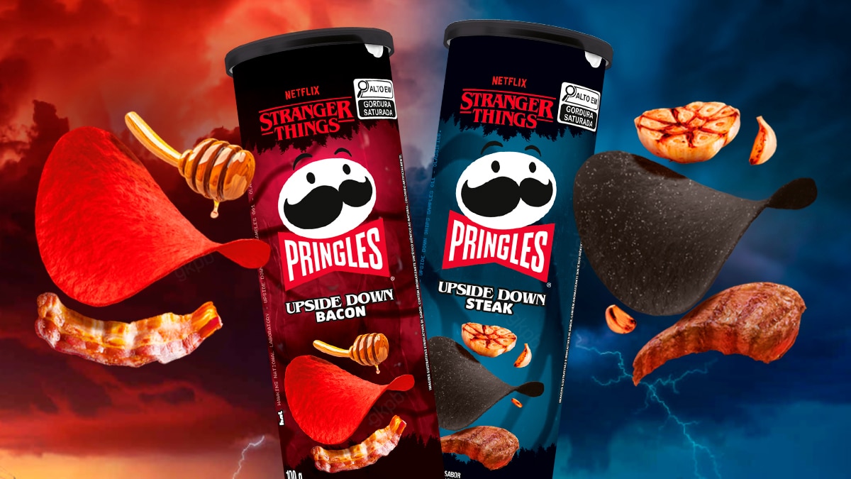 Latas colecionáveis da collab Pringles e Stranger Things com sabores Upside Down Bacon e Upside Down Steak