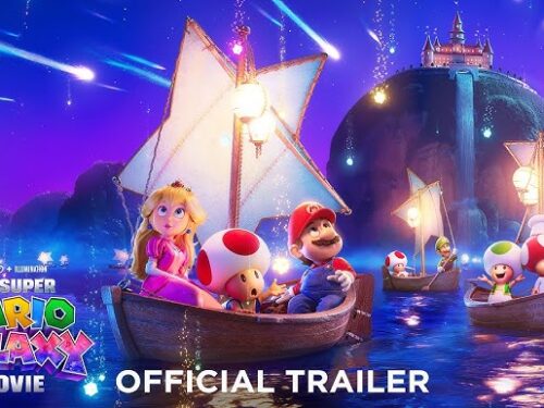Cena colorida do trailer oficial de The Super Mario Galaxy Movie, mostrando Mario, Princesa Peach e os Toads navegando sob um céu estrelado com meteoros brilhantes.