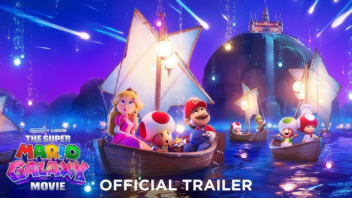 Cena colorida do trailer oficial de The Super Mario Galaxy Movie, mostrando Mario, Princesa Peach e os Toads navegando sob um céu estrelado com meteoros brilhantes.