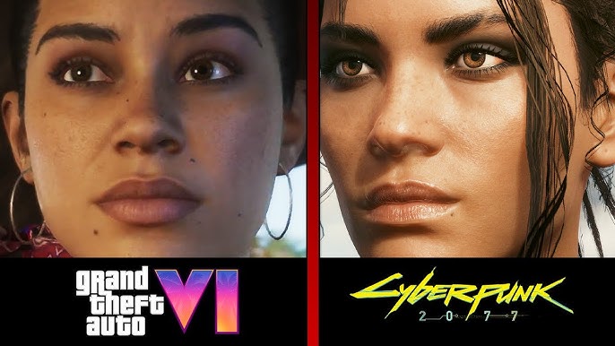 Comparação entre personagens de GTA VI e Cyberpunk 2077, destacando a rivalidade entre Rockstar e CD Projekt RED