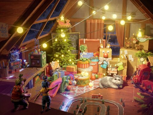 Cena aconchegante com decoração de Natal em ambiente lúdico, representando games ideais para jogar no Natal e no fim de ano.