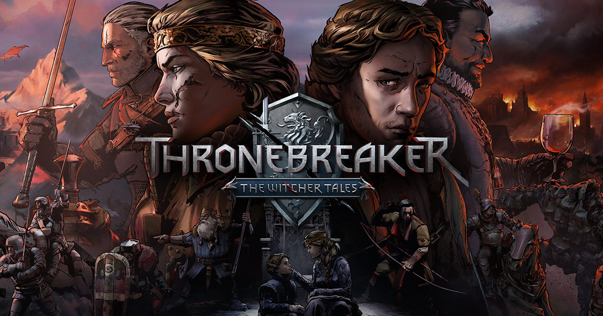 Arte promocional de Thronebreaker: The Witcher Tales com a rainha Meve e personagens centrais em cenário de guerra
