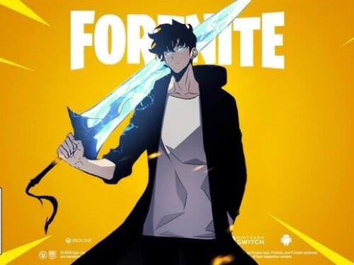 Personagem Sung Jin-Woo de Solo Leveling segurando uma espada azul em arte promocional da colaboração com Fortnite.