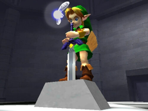 Link segurando a Master Sword no templo em Ocarina of Time, cena clássica do jogo