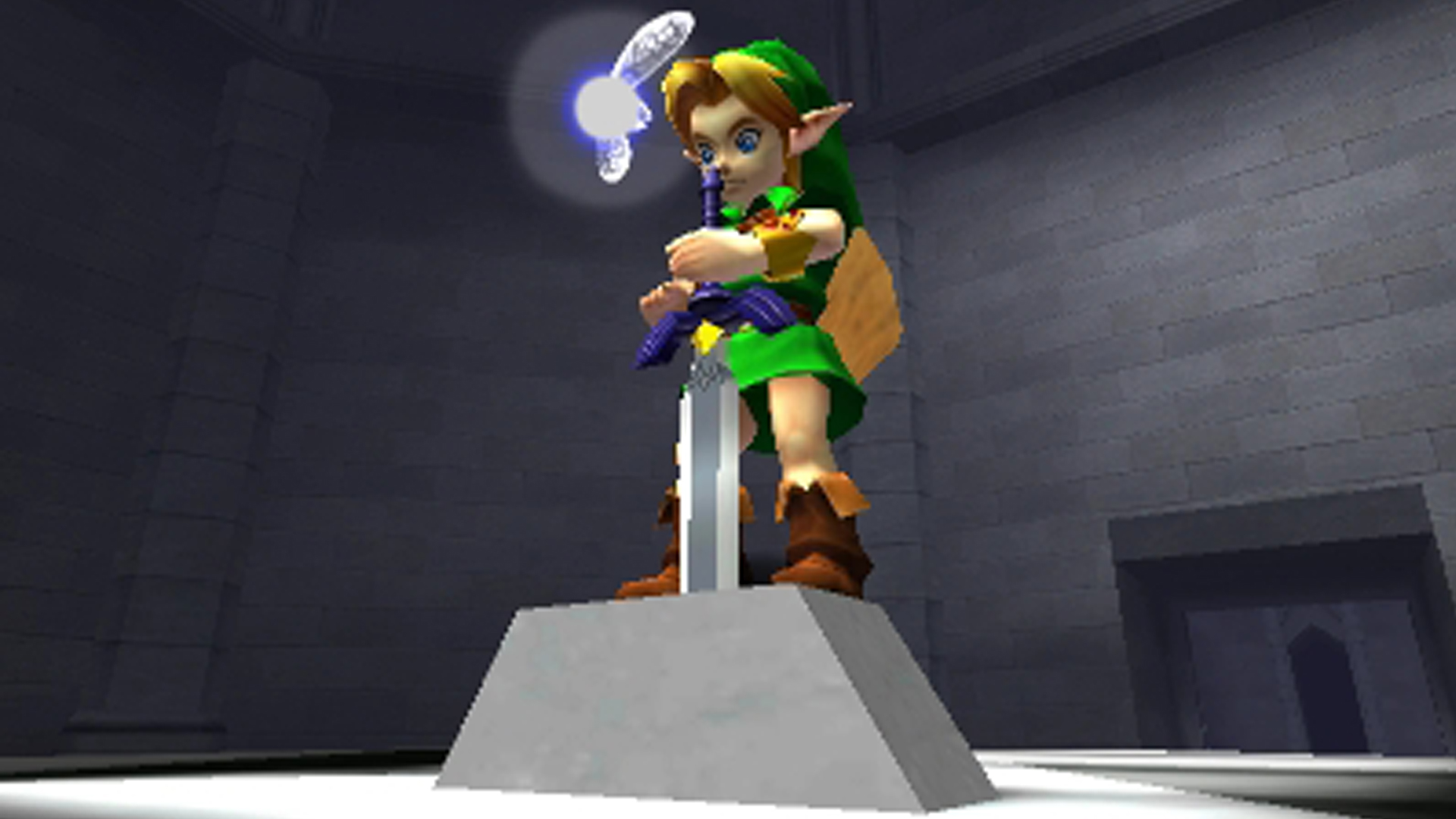 Link segurando a Master Sword no templo em Ocarina of Time, cena clássica do jogo