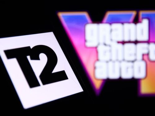 Take-Two IA GTA 6 com logo da empresa e imagem de Grand Theft Auto VI ao fundo