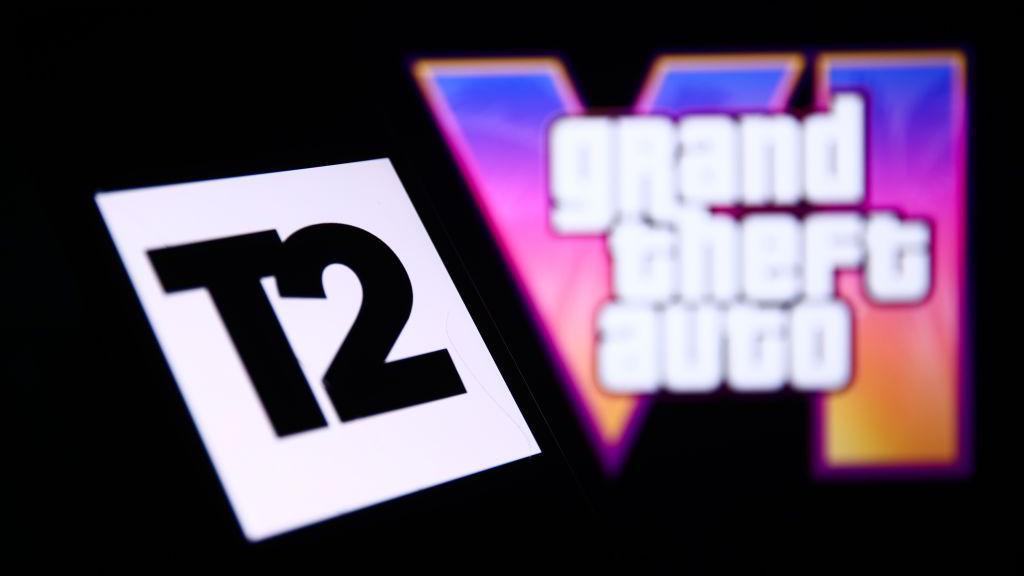 Take-Two IA GTA 6 com logo da empresa e imagem de Grand Theft Auto VI ao fundo