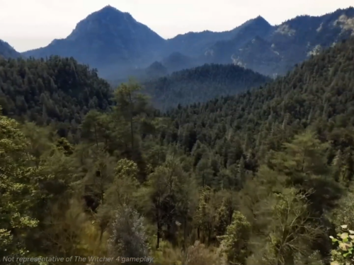 gameplay The Witcher 4 mostrando floresta detalhada com montanhas e vegetação densa em mundo aberto