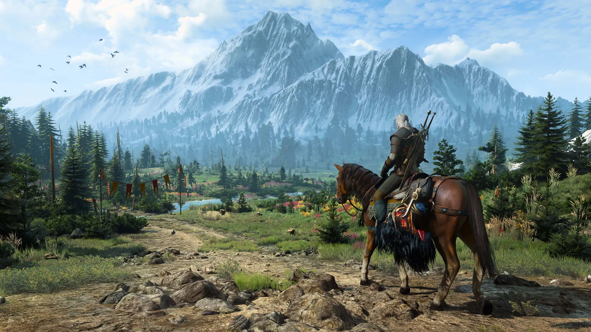 Geralt de Rívia em The Witcher 3 explorando mundo aberto do RPG