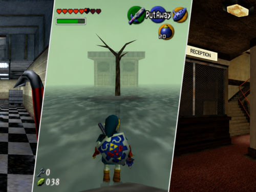 três cenários de games em atmosfera liminar: um hotel vazio inspirado em GTA San Andreas, uma rua silenciosa e enevoada durante a madrugada e o interior abandonado de um hotel com iluminação melancólica.