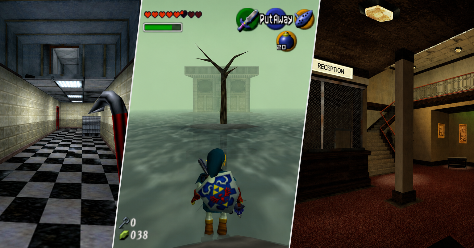 três cenários de games em atmosfera liminar: um hotel vazio inspirado em GTA San Andreas, uma rua silenciosa e enevoada durante a madrugada e o interior abandonado de um hotel com iluminação melancólica.