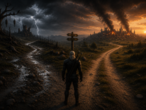 Geralt diante de dois caminhos representando escolhas e consequências em The Witcher