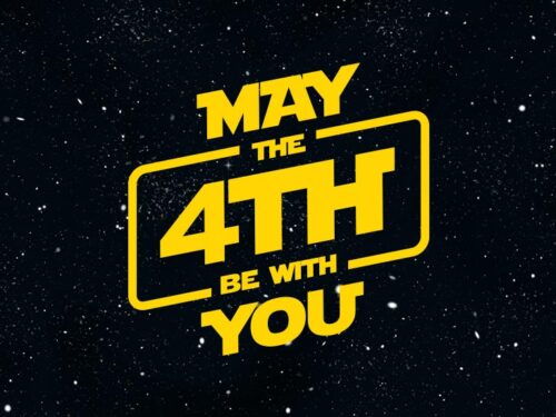 May the 4th Star Wars celebração com personagens e sabres de luz icônicos