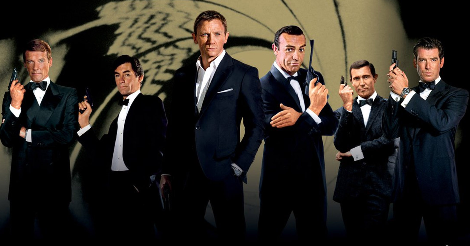 Imagem reunindo diferentes atores que interpretaram James Bond ao longo das décadas, cada um usando terno e segurando uma pistola, representando as diferentes eras do agente 007.