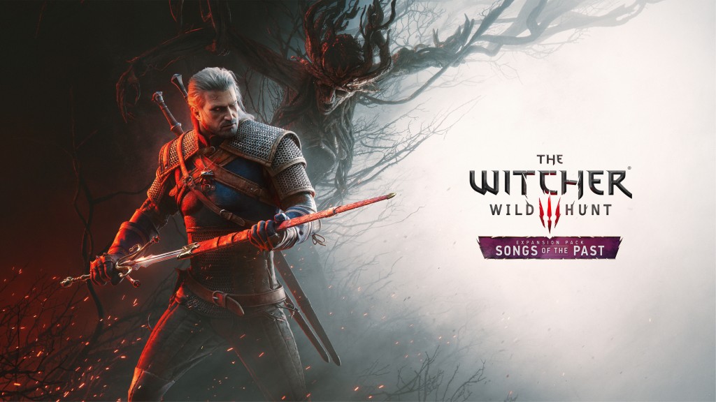 Logo oficial de The Witcher 3: Wild Hunt – Songs of the Past sobre um fundo branco acinzentado com galhos secos ao redor, destacando a nova expansão anunciada para o RPG da CD Projekt Red. Como a CD Projekt Red mudou o significado de DLC.