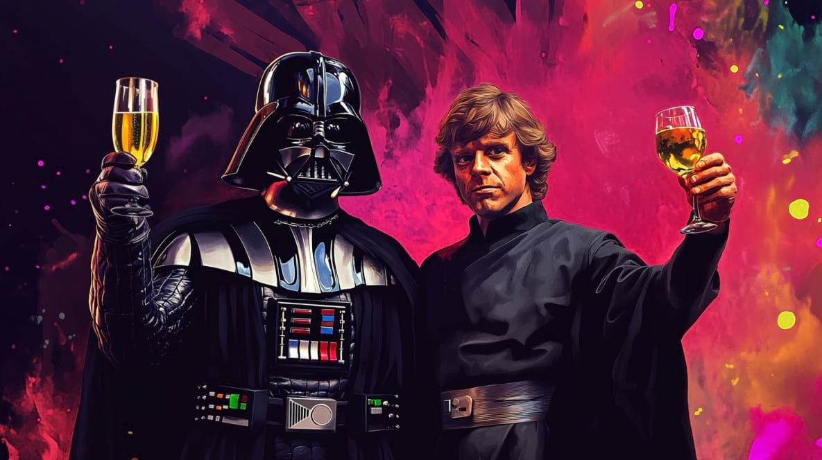 May the 4th Star Wars celebração com personagens e sabres de luz icônicos