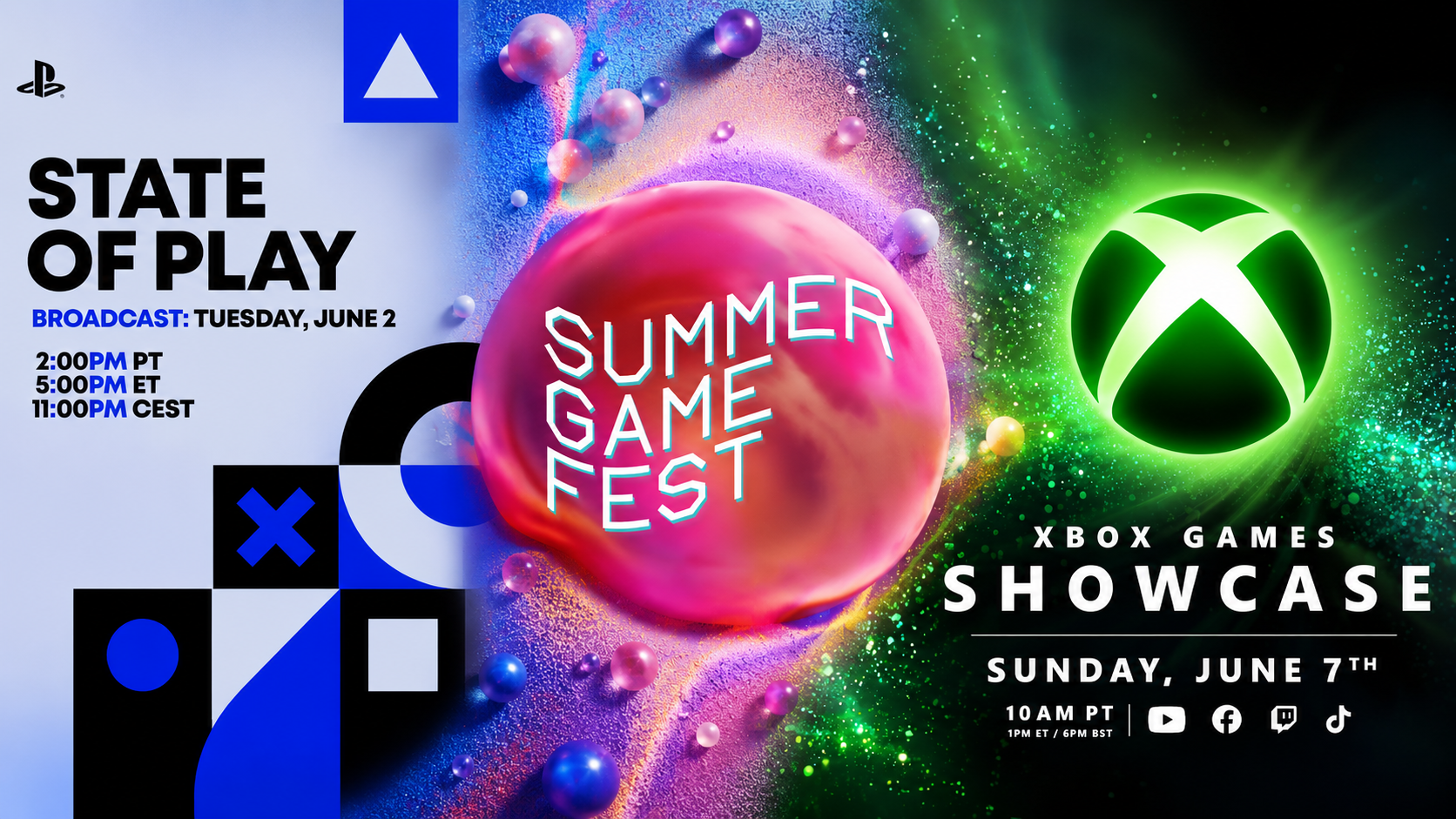 State of Play 2026, Summer Game Fest 2026 e Xbox Games Showcase 2026 reunidos em uma única imagem promocional