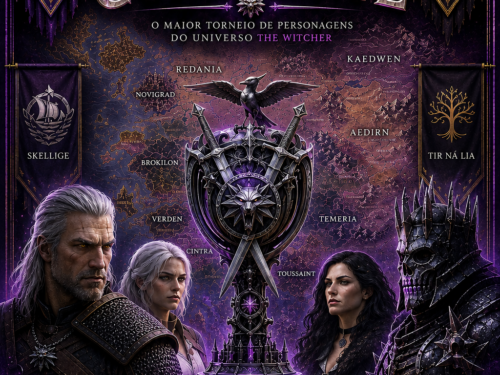 Capa da Copa do Continente The Witcher com Geralt, Ciri, Yennefer e Eredin ao redor do troféu oficial do torneio criado pelo Vale Geek.