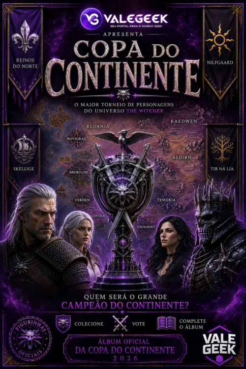 Capa da Copa do Continente The Witcher com Geralt, Ciri, Yennefer e Eredin ao redor do troféu oficial do torneio criado pelo Vale Geek.