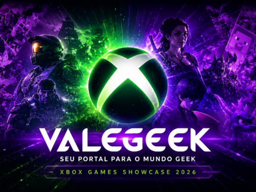 Arte promocional do Xbox Games Showcase 2026 com o logotipo do Xbox e identidade visual do ValeGeek nas cores verde e roxo.