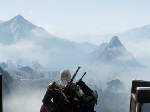 Geralt de Rívia e Yennefer observam as montanhas de Skellige após os acontecimentos da missão O Último Desejo em The Witcher 3