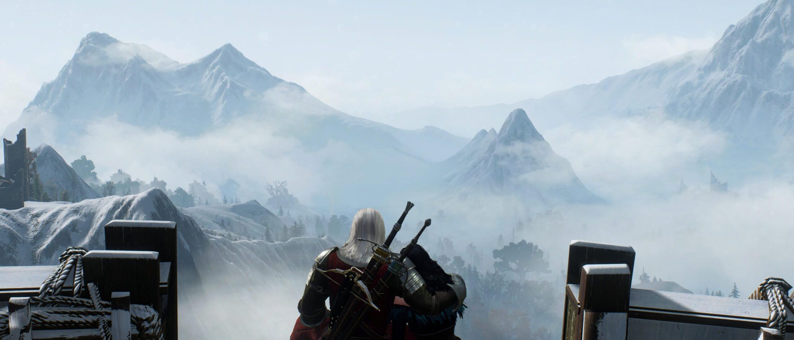 Geralt de Rívia e Yennefer observam as montanhas de Skellige após os acontecimentos da missão O Último Desejo em The Witcher 3