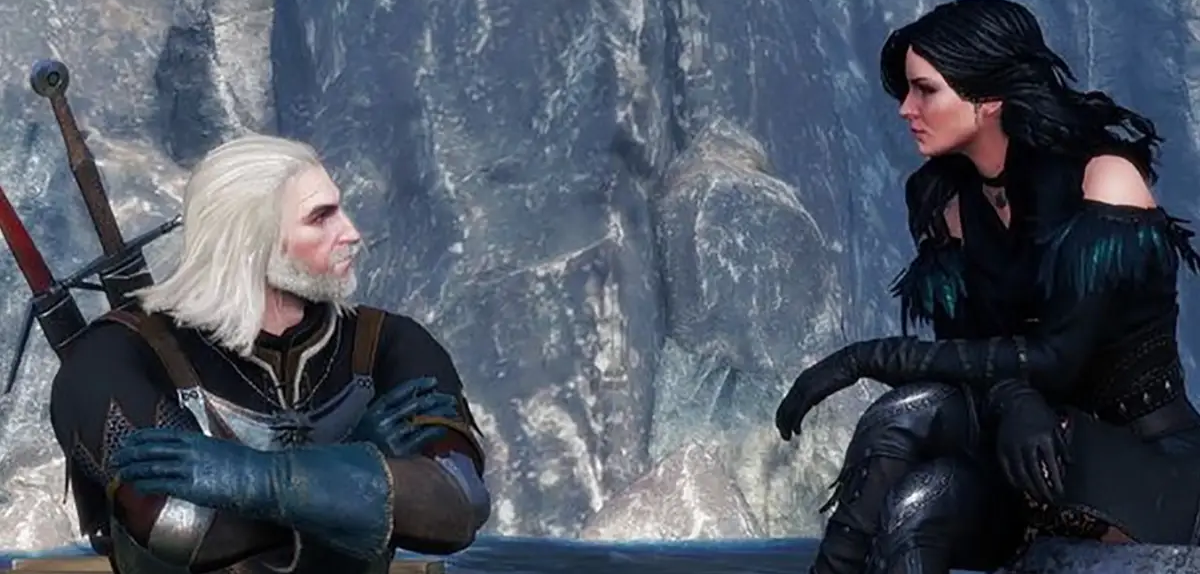 Geralt de Rívia e Yennefer conversam durante a missão O Último Desejo em The Witcher 3