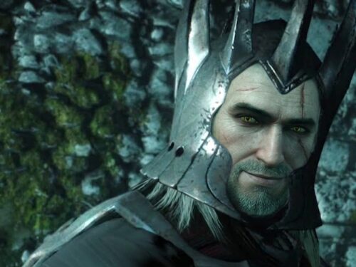 Geralt na Caçada Selvagem usando armadura de cavaleiro