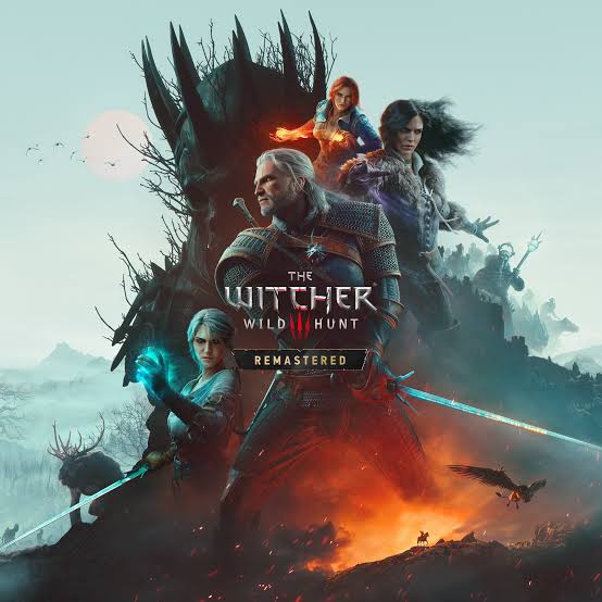 Arte de The Witcher 3 Remastered com Geralt, Ciri, Yennefer e Triss